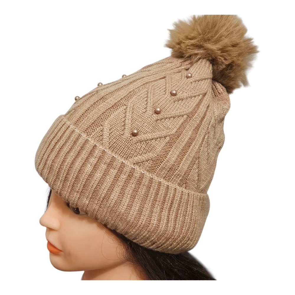 Women's Tan Faux Fur Pompom Pearls Winter Hat - Picture 2 of 4